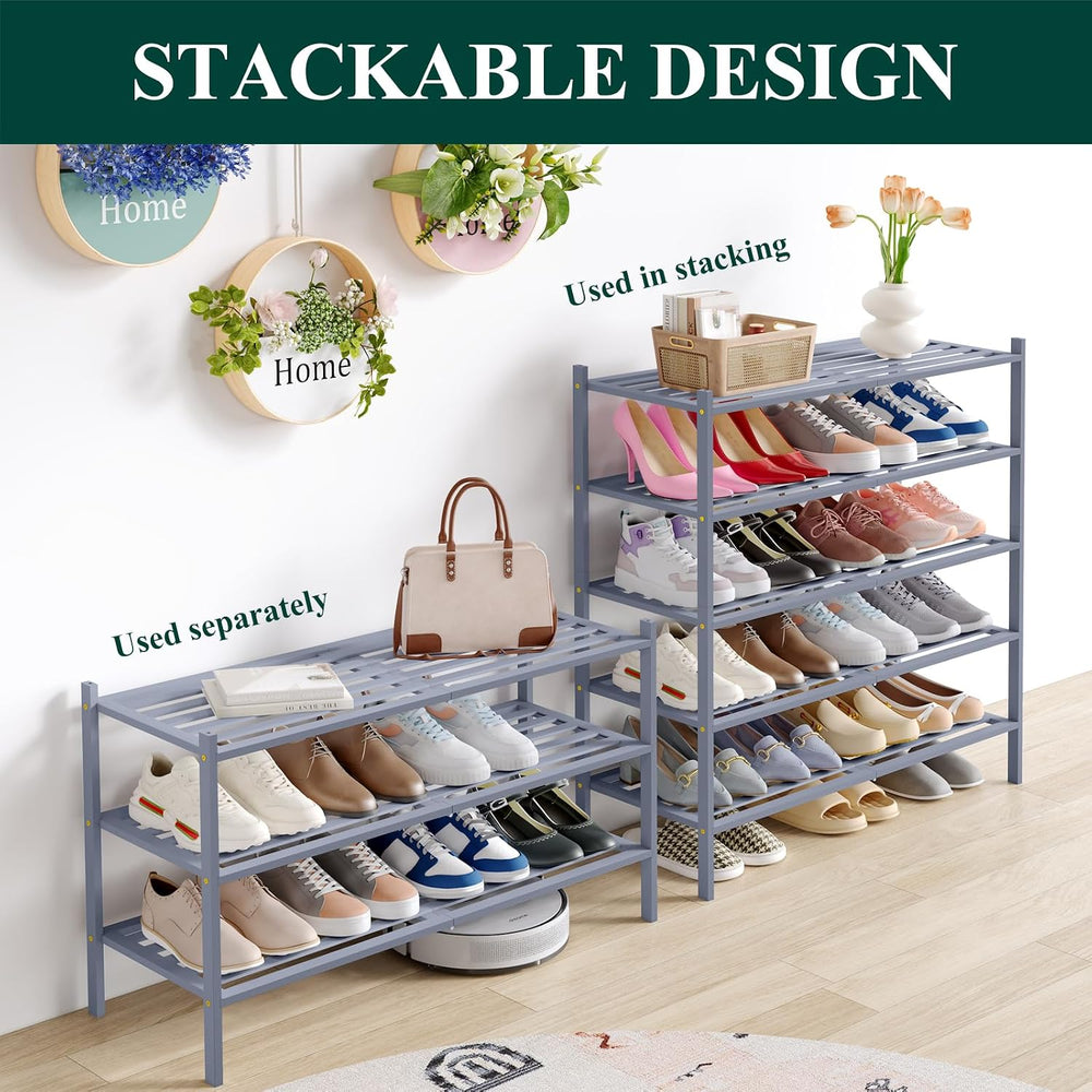 Smiry Bamboo Shoe Rack, 5 Horizontal Slats, 3 Tier - 33.9" Wide, Grey