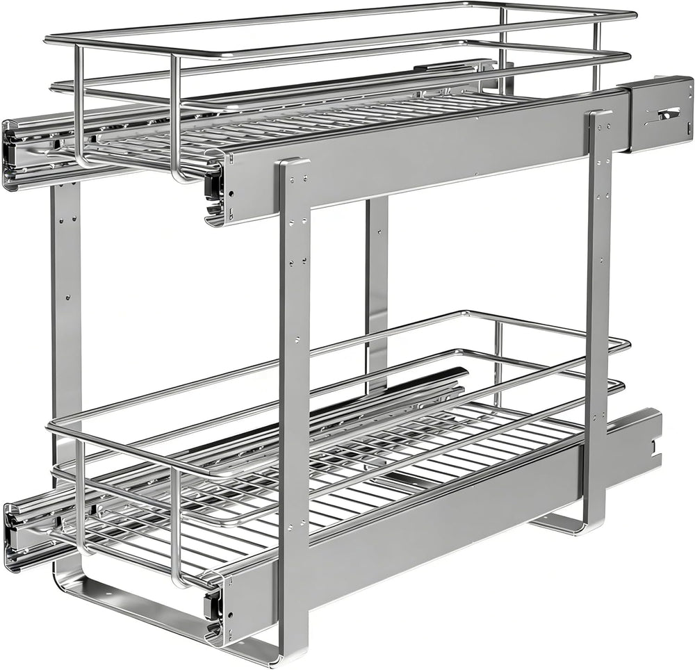 JOWBOOW 2-Tier Narrow Cabinet Pull Out Shelves, 8" W x 22" D, Chrome