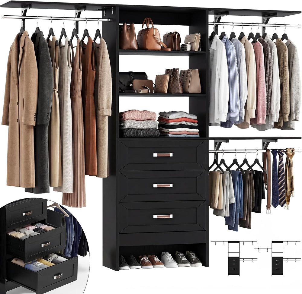 8FT Closet System with 3 Curved Drawers, 96'' Wooden Walk-in Closet O...