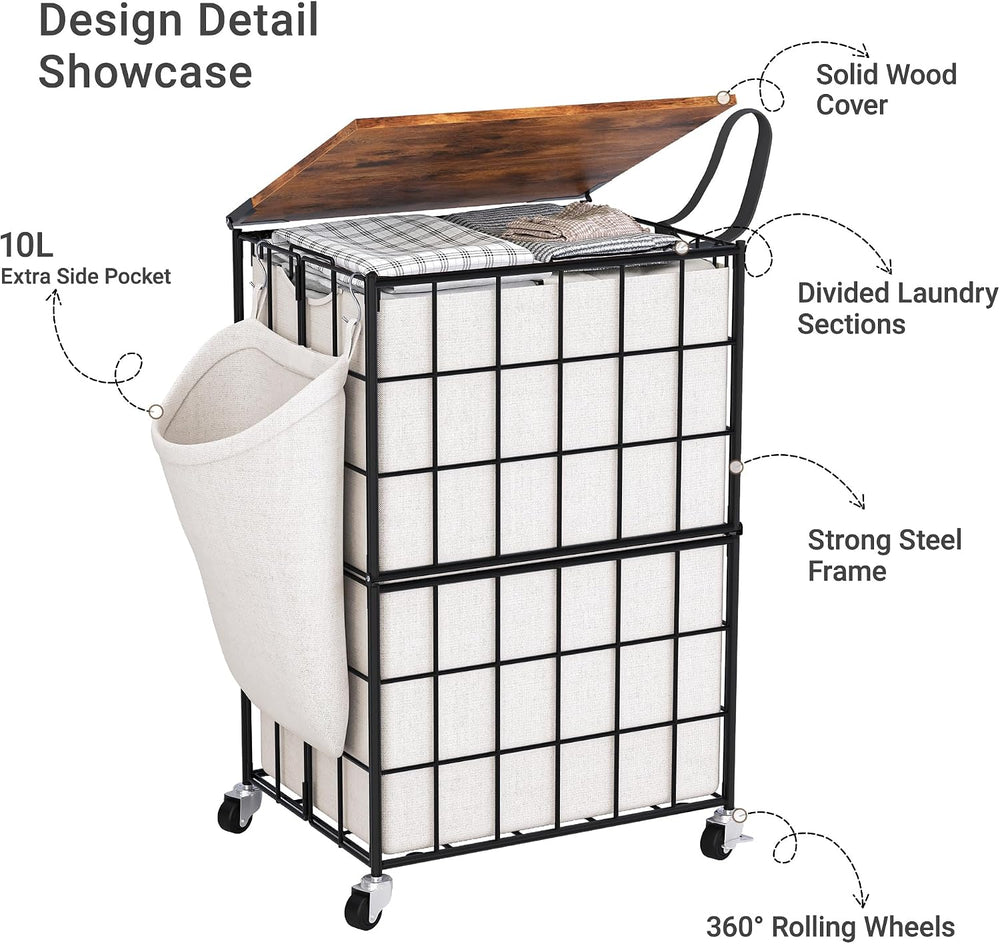 90L Laundry Basket with Wheels, Large Capacity Laundry Hamper with Removable ...