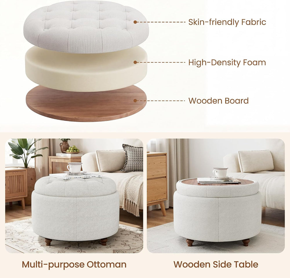 25" Round Ottoman with Storage, Small Coffee Table with Reversible Tray Lid