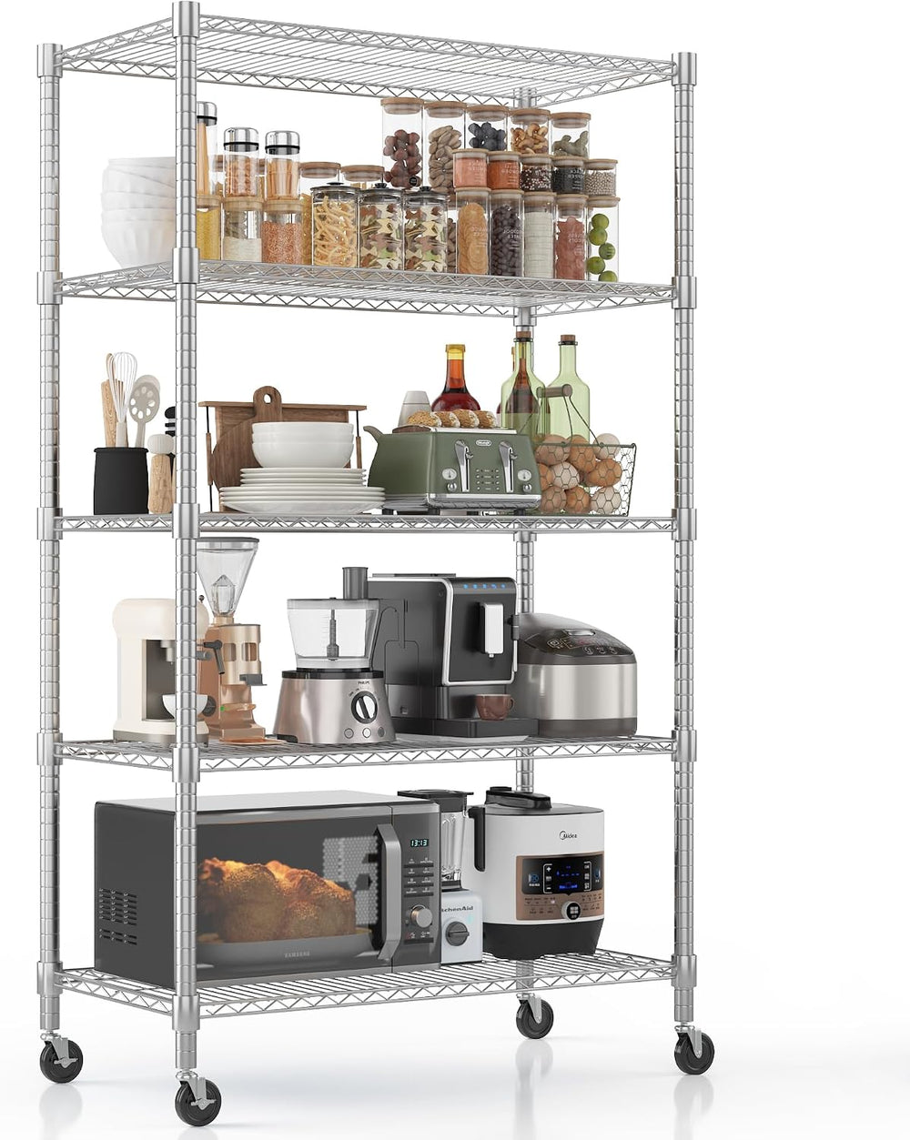Homdox Heavy Duty Storage Shelves, 5 Tier Wire Shelving Unit with Wheels, Com...