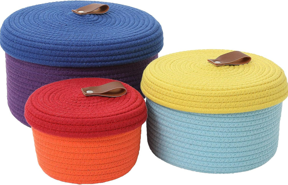 Set of 3 Small Woven Baskets with Lids, Cotton Rope Round Nesting Storage Bas...