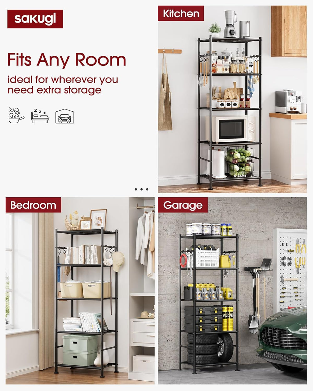 Sakugi 5-Tier Storage Rack Organizer with Hooks, Heavy Duty Metal Garage Rack...