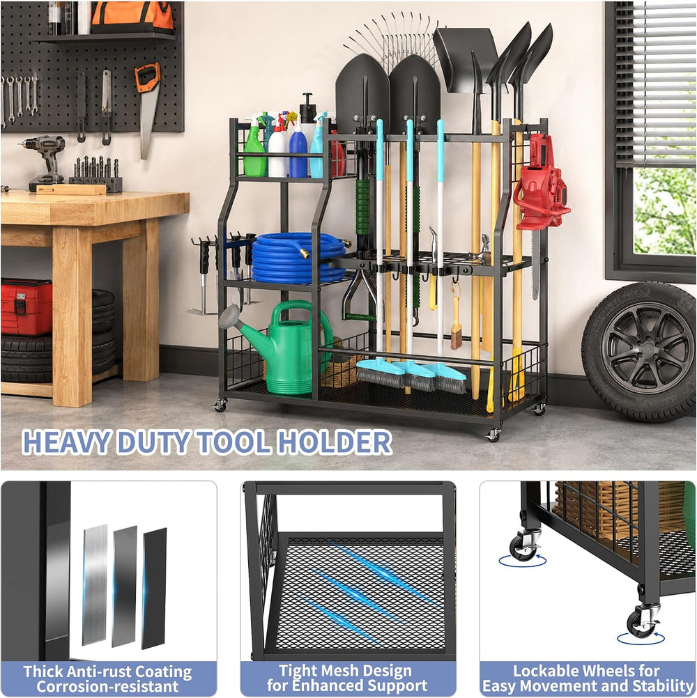 Garden Tool Organizer with Wheels, Rolling Storage Rack for Garage