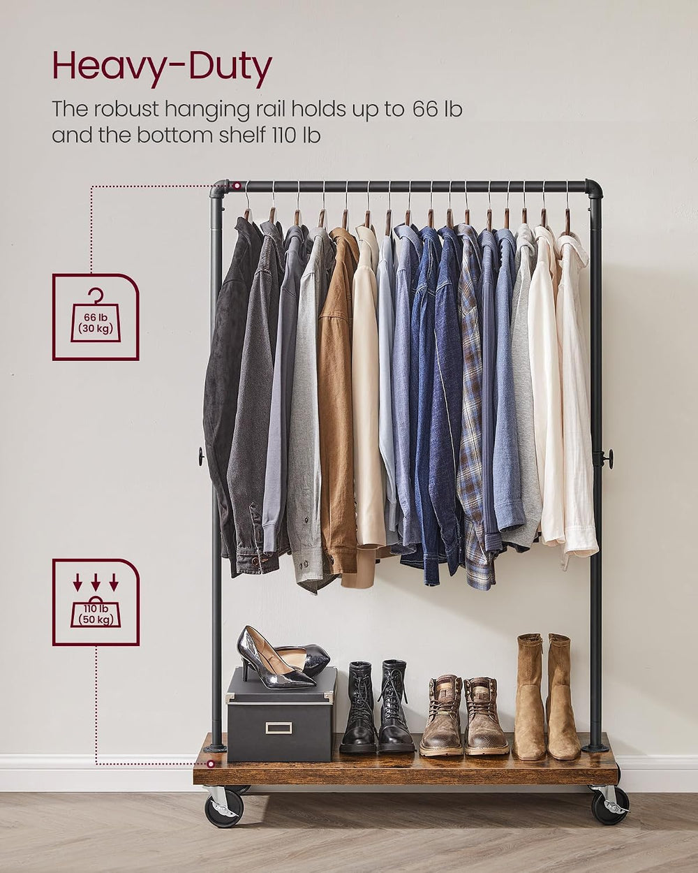 VASAGLE Clothes Rack, Heavy-Duty Rolling Garment Rack with Shelf