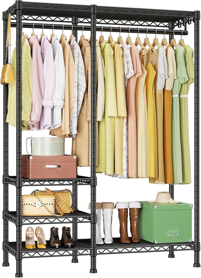Ulif F4 Heavy Duty Clothes Rack (With Hanger Rod) Freestanding Clothing Racks for Hanging Clothes,Adjustable Closet Organizer System, Portable Garment Rack 45"W x 15.8"D x 71.3"H,Max Load 600LBS,Black
