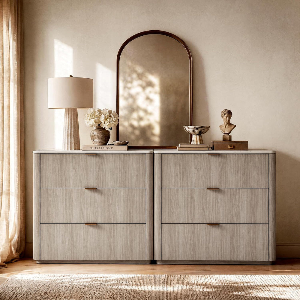 ModernMate 3 Drawer Dresser with Curved Profile & Faux Travertine Texture...