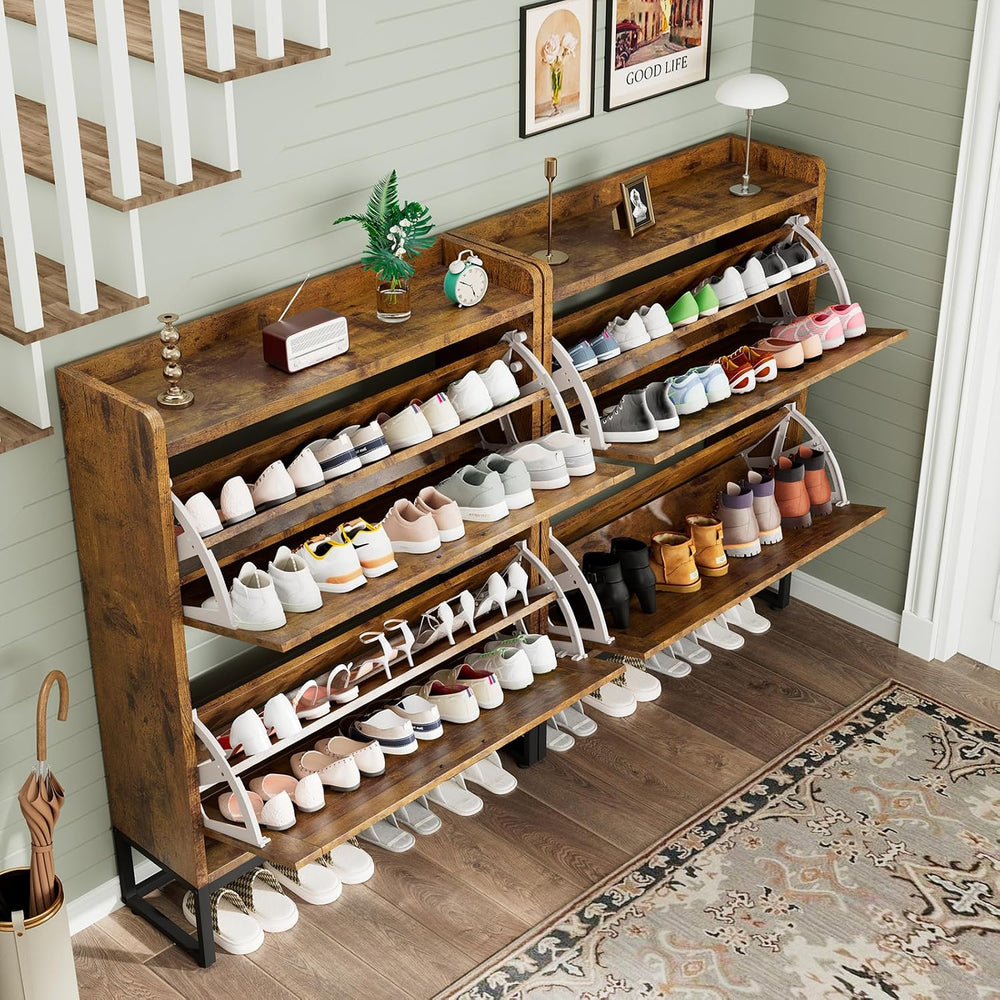 GRUSIGN Shoe Cabinet, Shoe Storage Cabinet with 2 Flip Drawers & Adjustab...