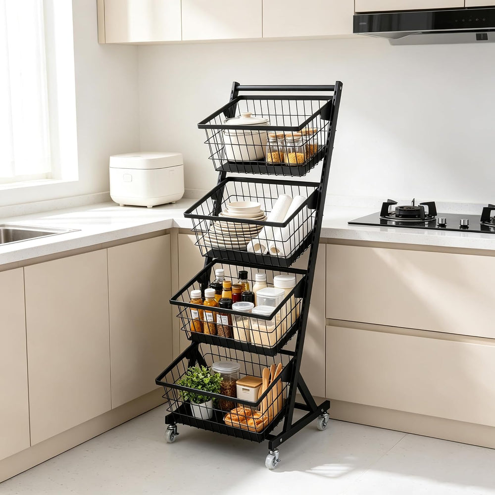 4-Tier Kitchen Storage Cart with 4 Baskets and Wheels, Black