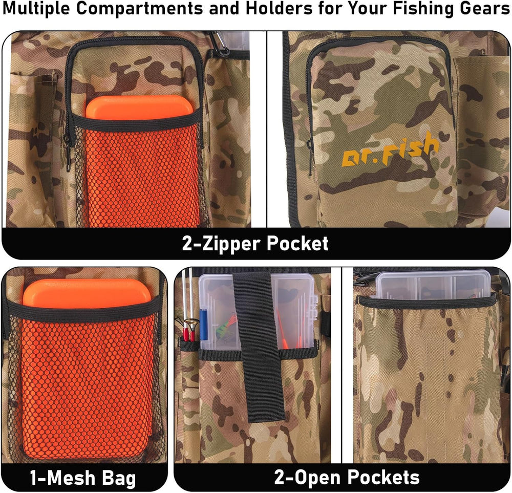 Dr.Fish 5gal Bucket Organizer, Ice Fishing Tackle Bag 6 Pocket Rod Holders