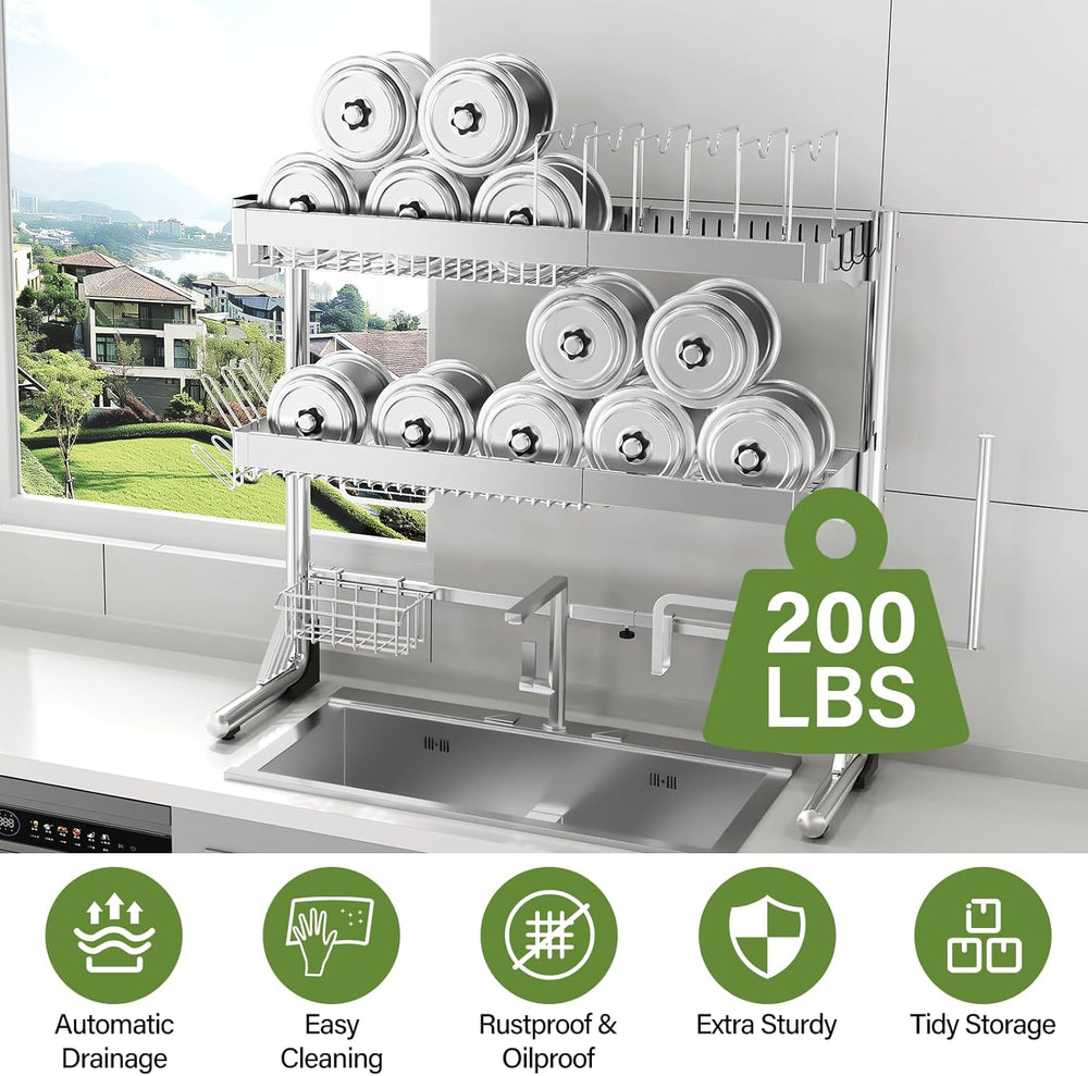 Over The Sink Dish Drainer Drying Rack 3 Tier, Full Stainless Steel Dish Dryi...