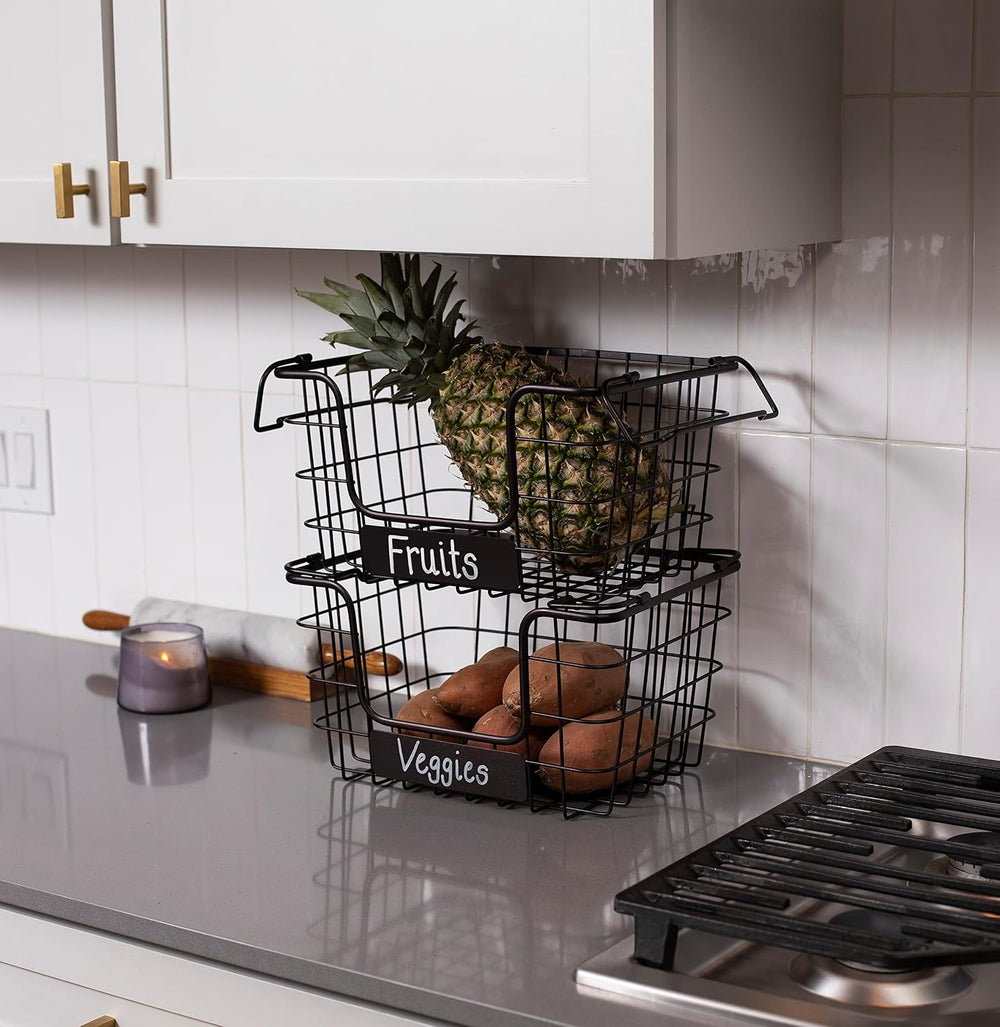 BirdRock Home Stacking Wire Market Baskets with Chalk Label | Set of 2 | Frui...