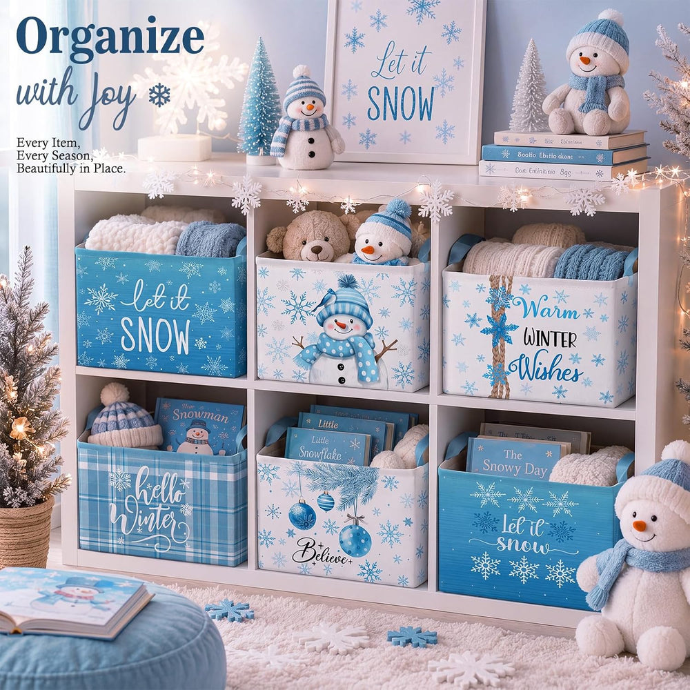 Bucherry 6 Pack Winter Storage Baskets, Snowflake Collapsible Canvas Bins