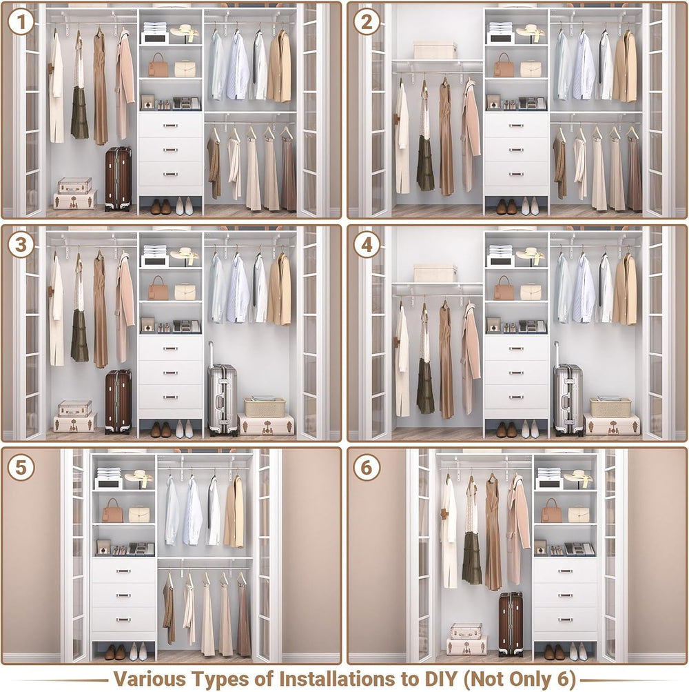 Besiost Closet System with Drawer - 8FT Wood Closet Organizer System with 3 H...