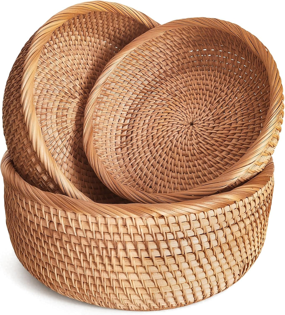 Handwoven Rattan Fruit Basket Set, Round Wicker Bread Baskets for Serving