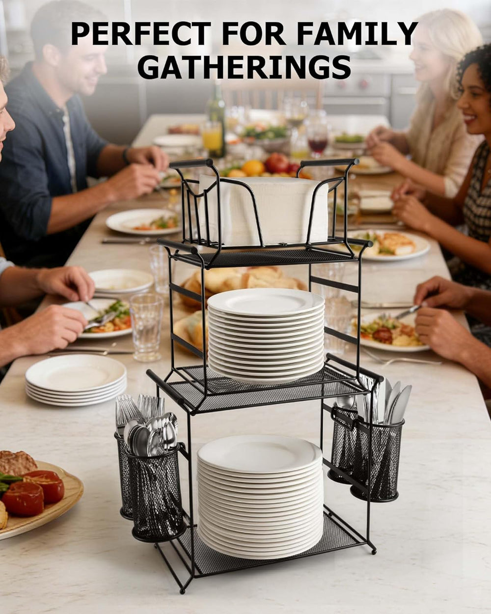 HULISEN 3-Tier Buffet Caddy, 7-Piece Paper Plate & Utensil Holder for Party
