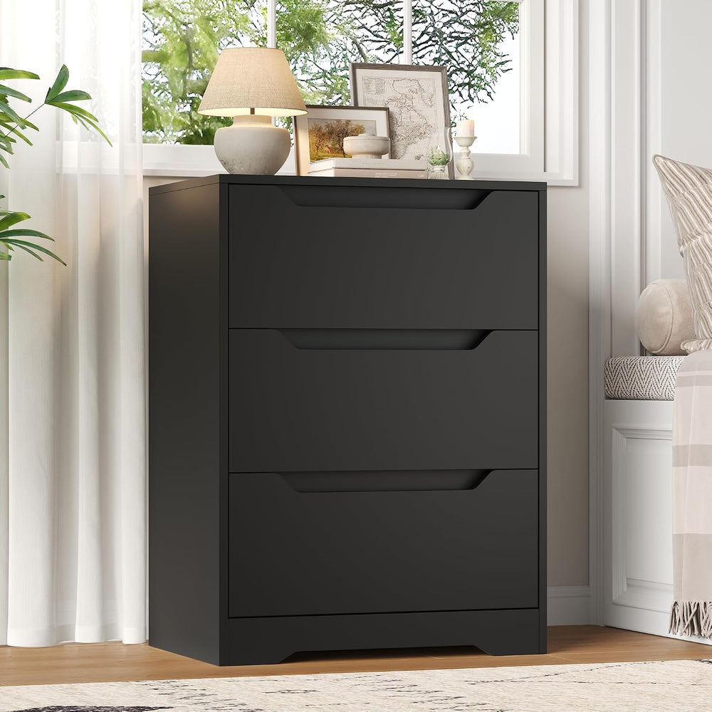 HOSTACK Modern 3 Drawers Dresser, Wood Chest of Drawers with Storage, Black