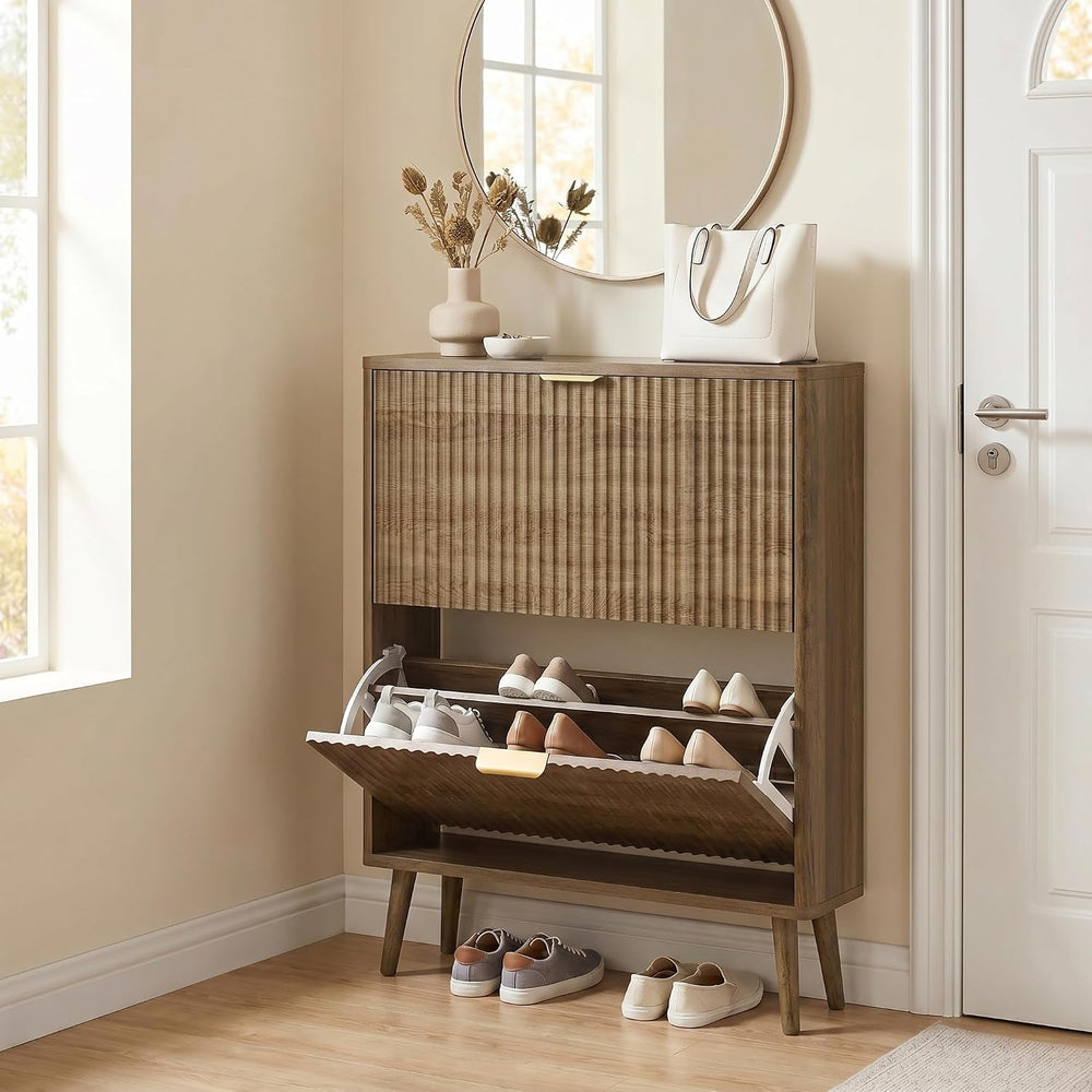 KIGOTY Narrow Shoe Storage Cabinet, Shoe Cabinet with 2 Flip Drawers, Freesta...