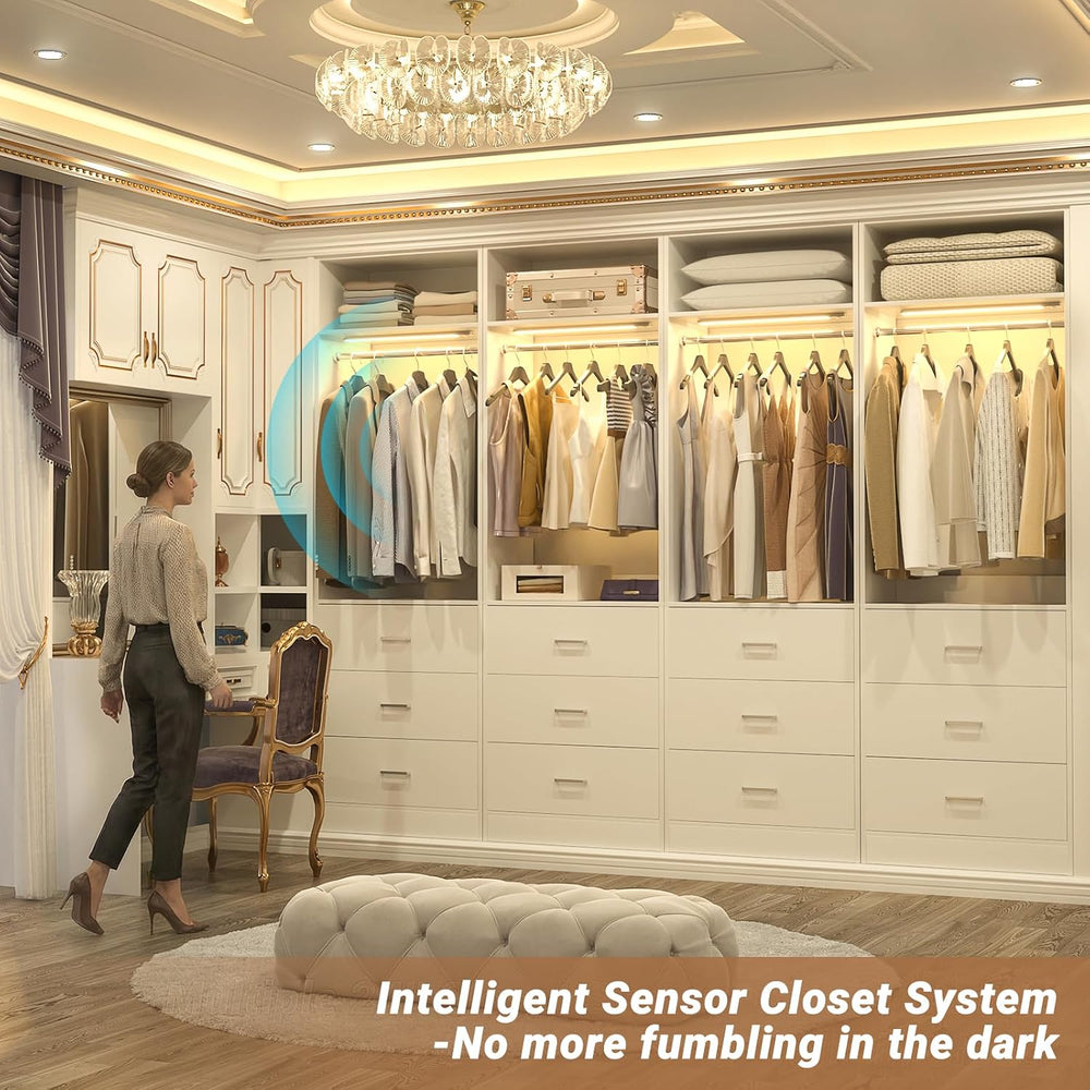 Besiost Closet System with Drawers & Sensor Light, White (Enclosed Storag...