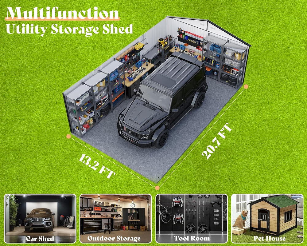AMERLIFE 13x21x8.4 FT Garage Shed with 3 Lockable Doors & Reinforced Fram