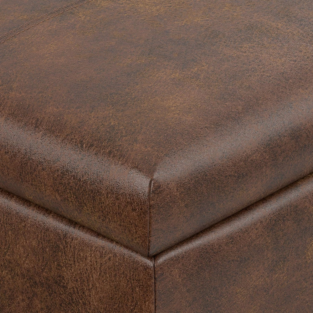 SIMPLIHOME Gabbie 48" Wide Vegan Leather Storage Ottoman in Chestnut Brown