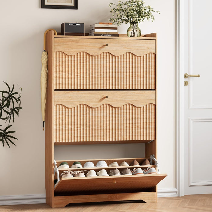 HUANLEGO Shoe Cabinet Storage for Entryway with 3 Flip Drawers, Oak