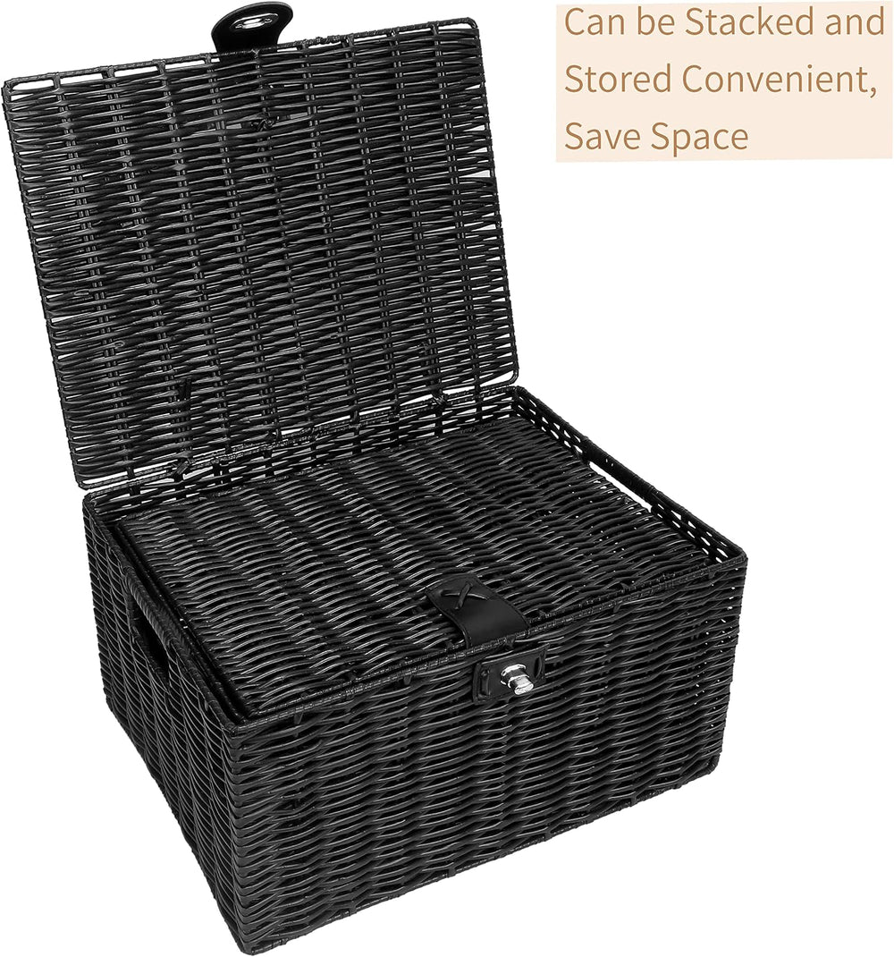 Honygebia Black Wicker Storage Baskets - Set of 3 Decorative Nesting Boxes wi...