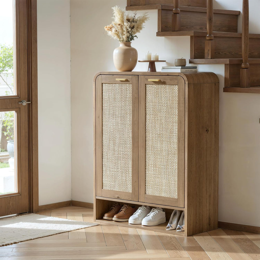 Evermagin 41 Inch Rattan Shoe Storage Cabinet Holds 24 Pairs, Caramel Oak