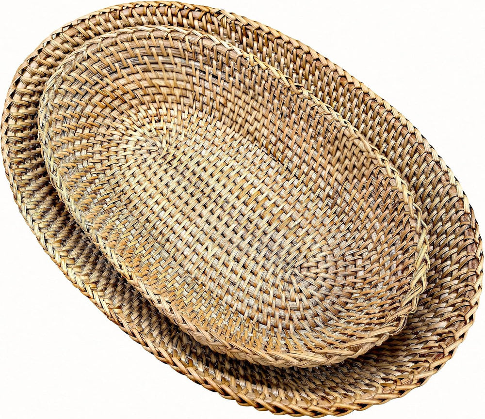 i-lan 2-Pack Oval Rattan Bread Baskets, 12 & 15 Inch Wicker Serving Set