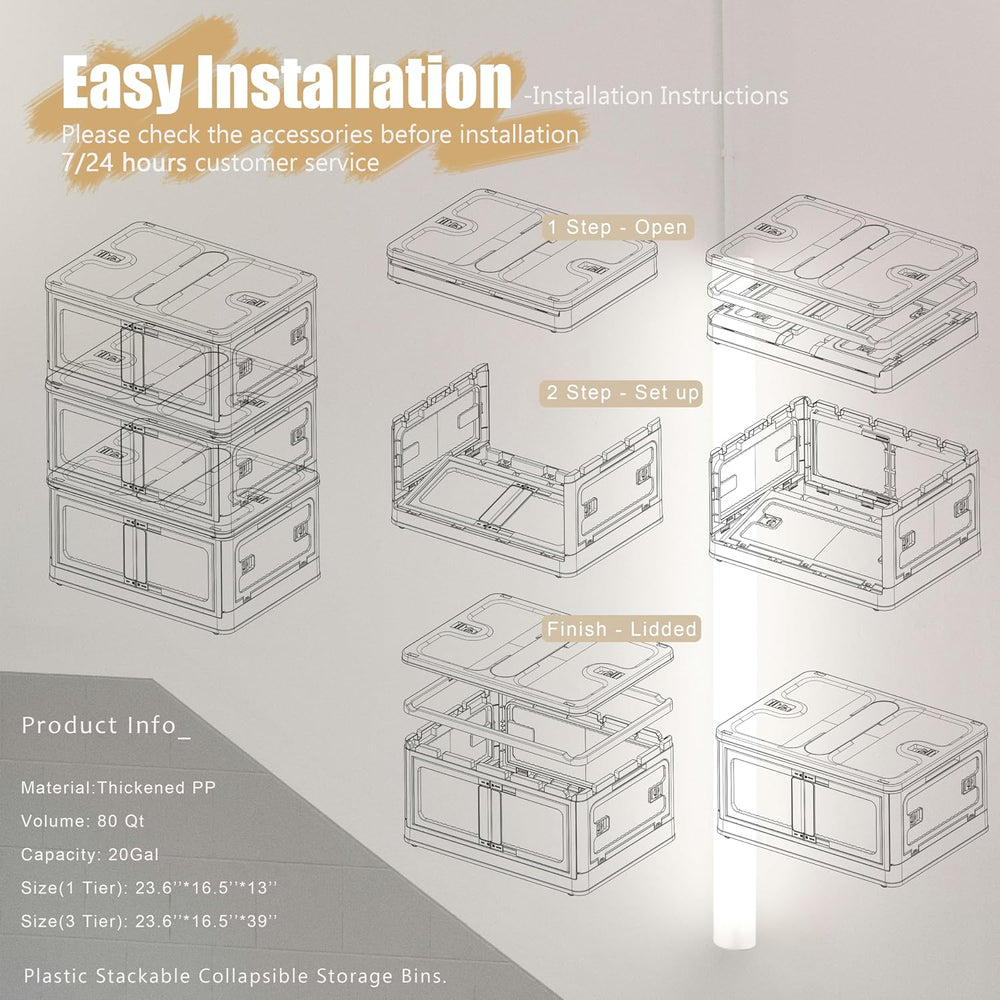 Stackable Storage Bins with Doors - 3 Tier 80Qt Each Plastic Collapsible Stor...