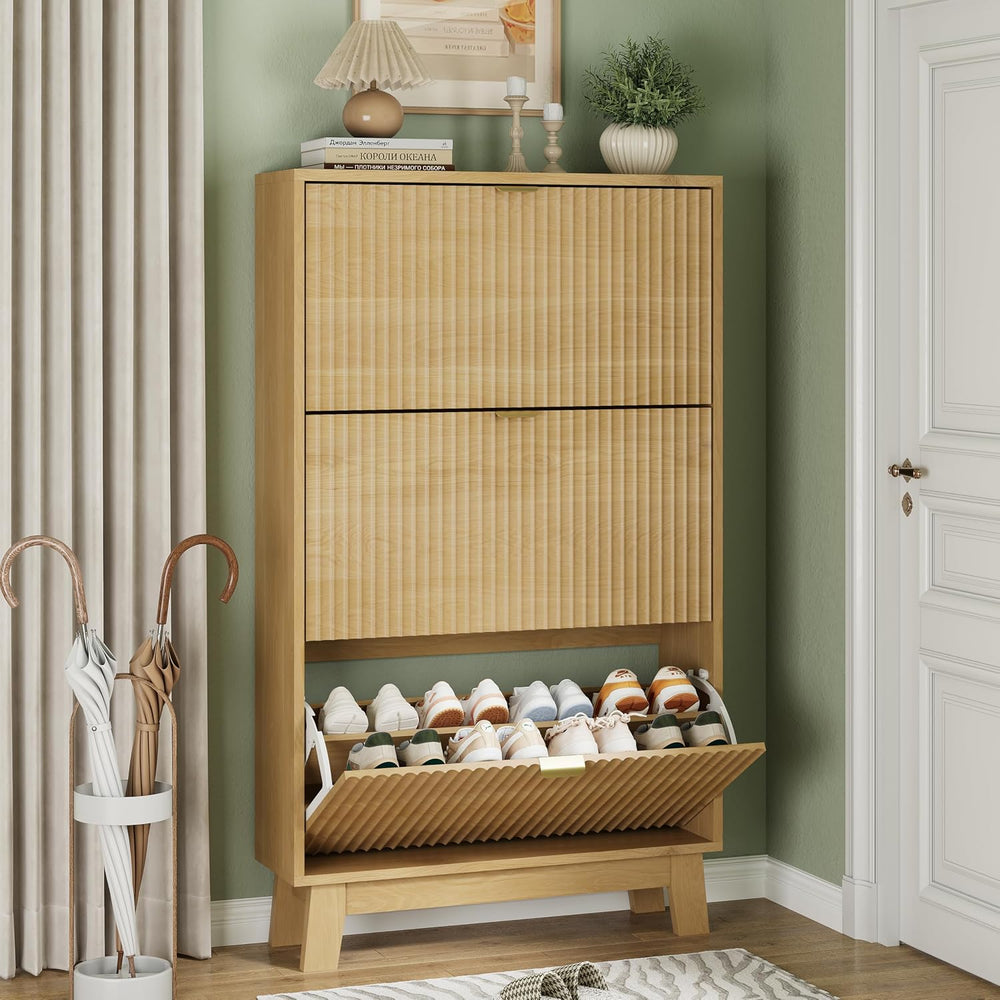 Xixini Shoe Cabinet with 3 Flip Drawers, 54" Tall Narrow Fluted Shoe Sto...