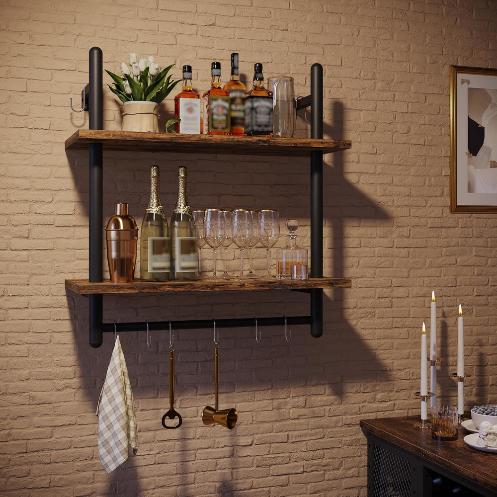 Bestier 24" 2 Tier Industrial Pipe Wall Shelf with 8 Hooks, Rustic Brown