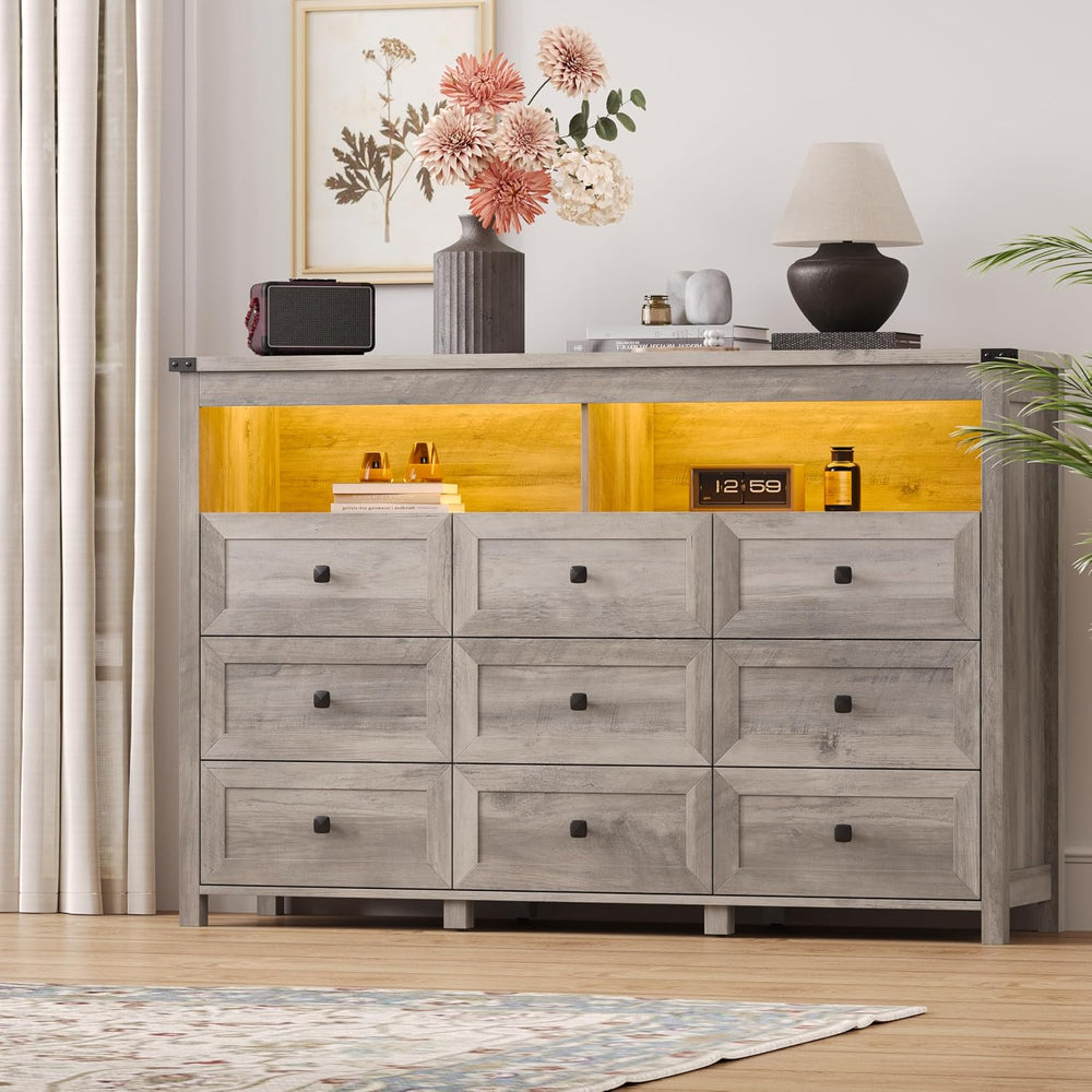 Xixini Dresser for Bedroom with 9 Drawers, LED Lights, Power Outlet, Grey