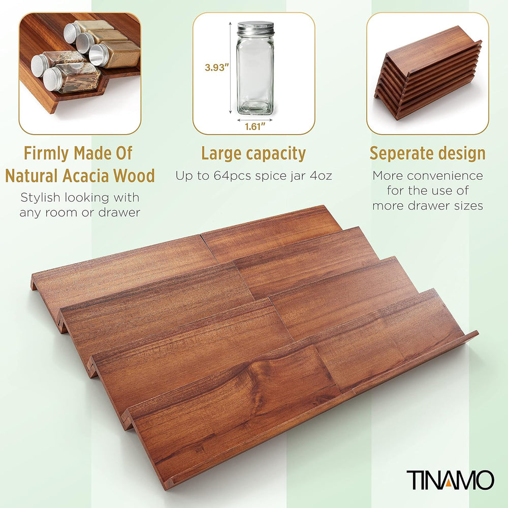 Tinamo Acacia Wood 4-Tier Spice Rack Organizer for Cabinet, Pack of 8 Pcs