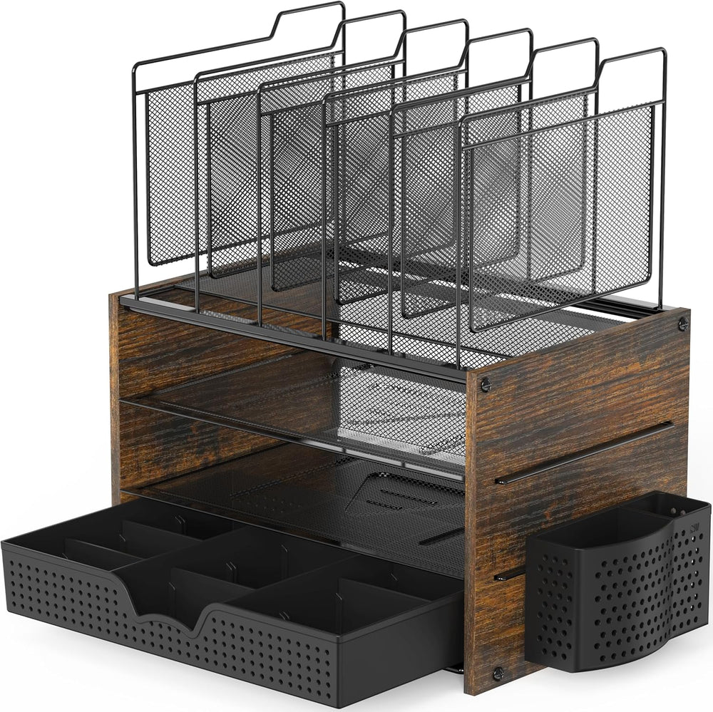 Simple Houseware Mesh Desk Organizer with Wooden Side Board, Rustic Brown