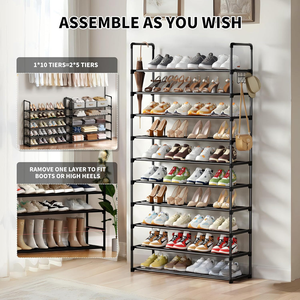 Shoe Rack, 10 Tier Shoe Storage Organizer with Hooks,Fit 40-45 Pairs Shoes,Me...