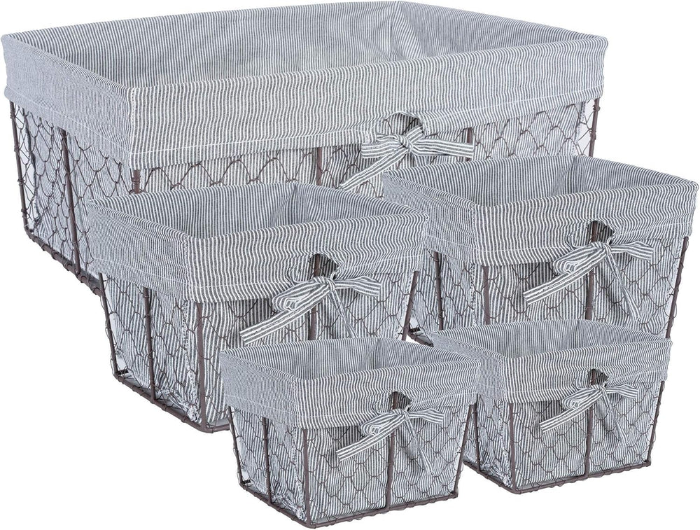 DII Farmhouse Chicken Wire Storage Baskets with Liner, Set of 5, Rustic Ticki...