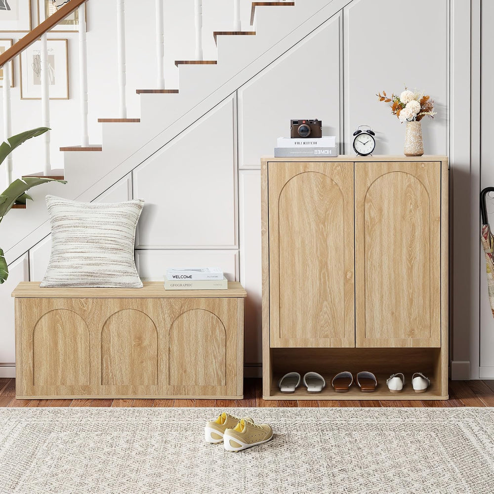 Tall and Large Shoe Storage Cabinet Set of 2 with Doors and Adjustable Shelve...