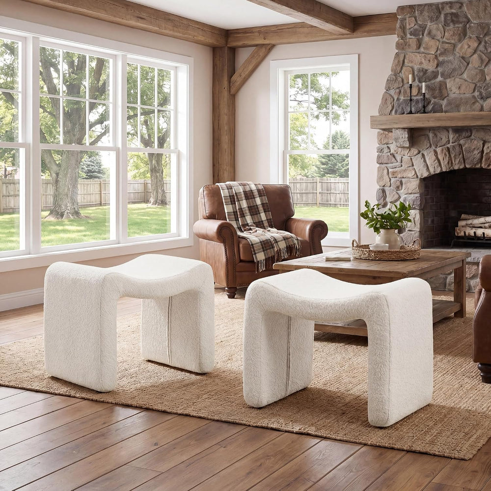 Modern Boucle Ottoman, Vanity Stool Chair, Foot Stool with Wooden Legs Sofa B...
