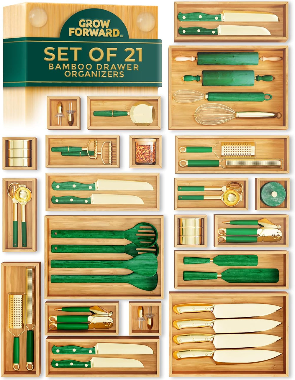 Grow Forward Bamboo Drawer Organizer Boxes - Set of 21 Wooden Drawer Organize...
