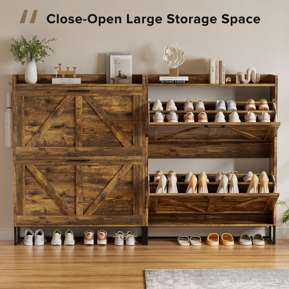 EOYUTLLY Shoe Cabinet for Entryway with 2 Flip Drawers,Narrow Wooden Shoe Sto...