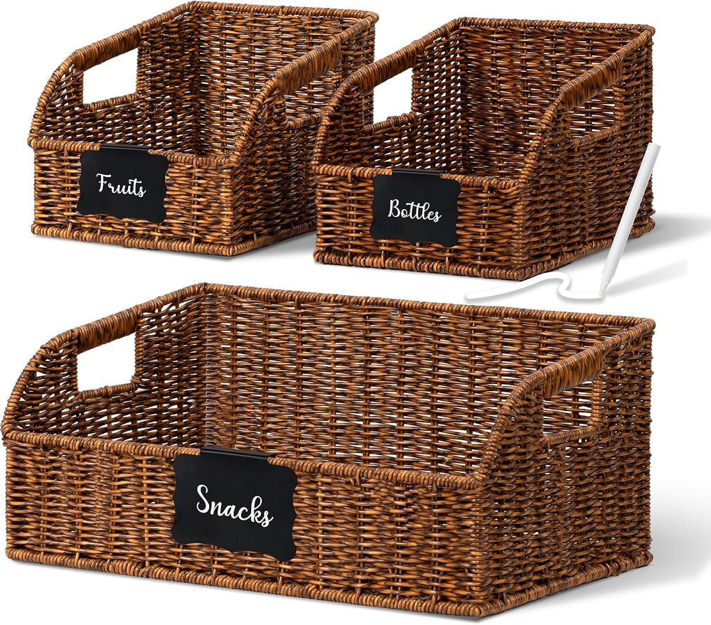 Brownlily Faux Wicker Pantry Storage Baskets, Brown-Single Set (3-Piece)