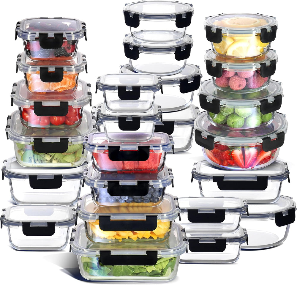 EATEX 48pc Glass Storage Containers with Lids, 24 Set Glass Food Storage Cont...