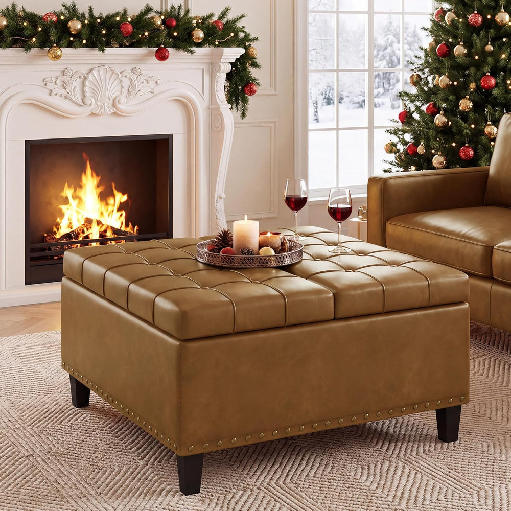 FiveWillowise 31.5 Inch Large Square Ottoman with Storage,Faux Leather