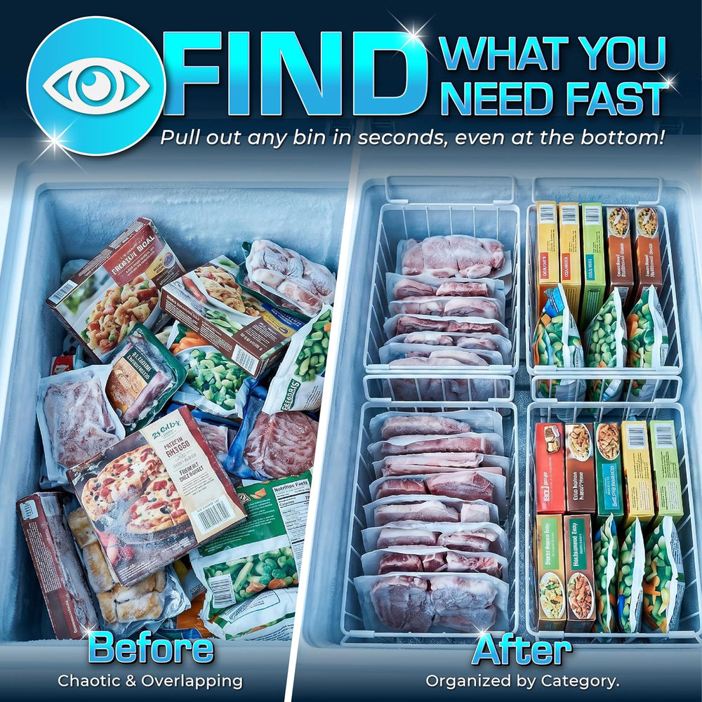 Deep Freezer Organizer Bins 4-Pack White with Portable Heat Sealer & Reus...