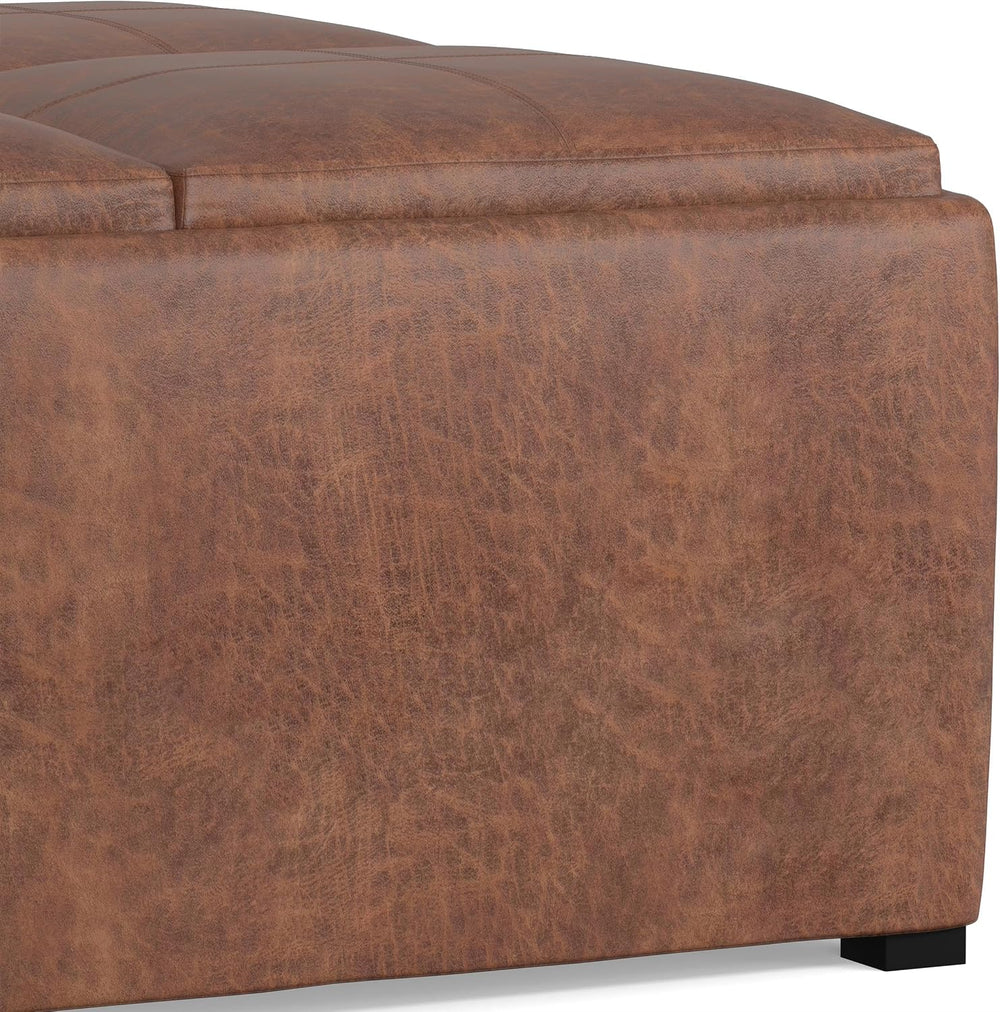 SIMPLIHOME Avalon 35" Wide Vegan Leather Storage Ottoman in Umber Brown