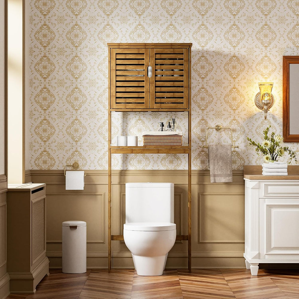 SMIBUY Bathroom Storage Shelf with Cabinet, Bamboo Over-The-Toilet Organizer ...