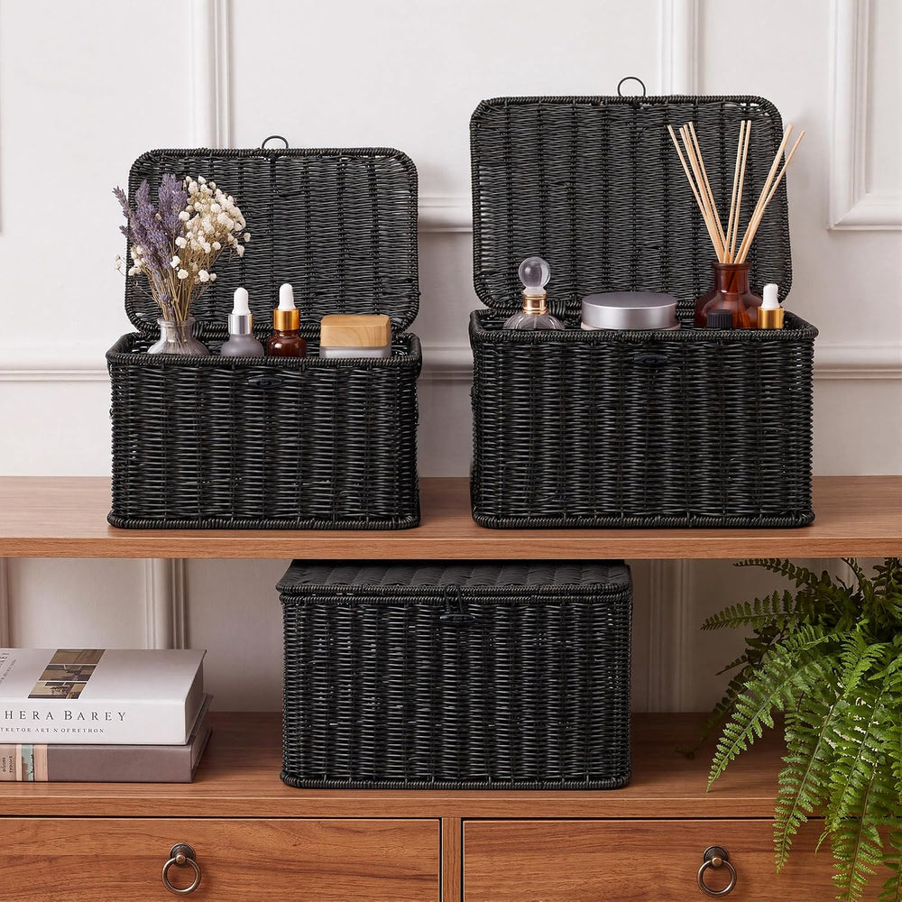 Nonam Wicker Storage Basket With lid, Stackable Plastic Bin (Black, S+M+L)