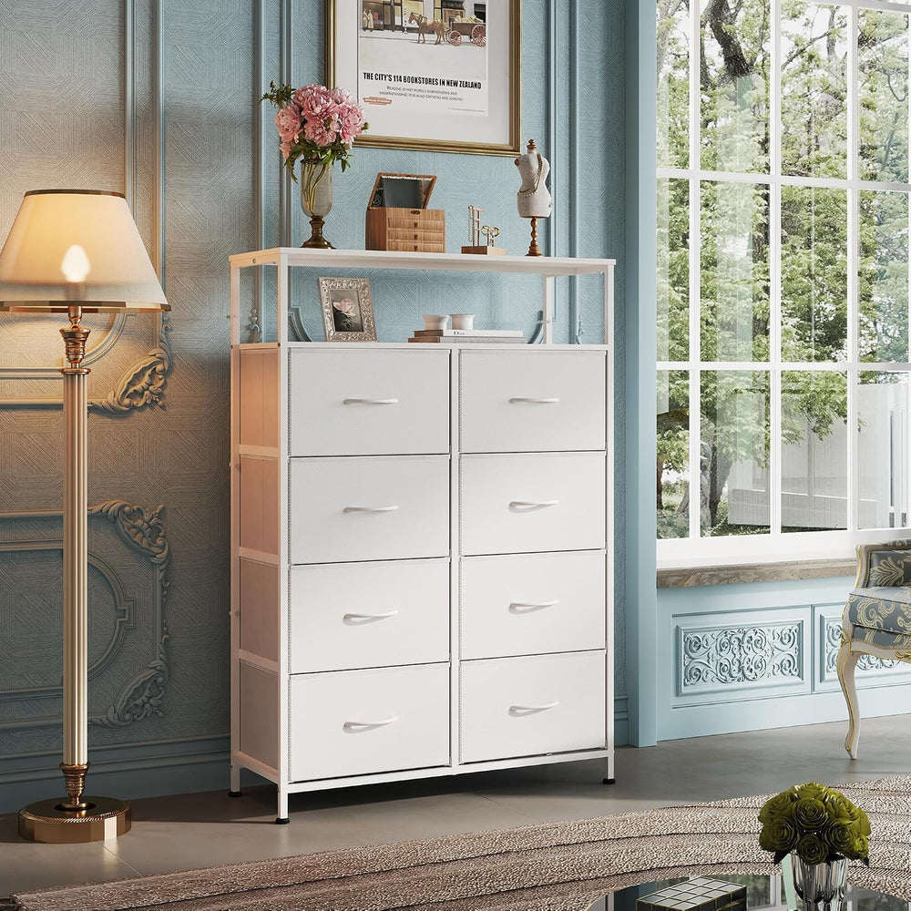 WLIVE 8 Drawer White Fabric Dresser Open Shelves,Tall Storage Tower